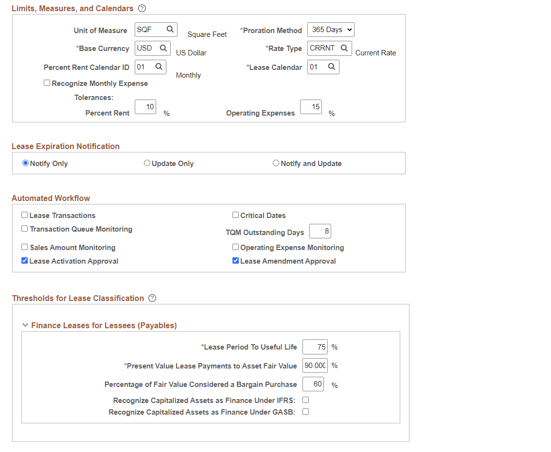 Lease Administration Business Unit Definition - General page (2 of 2)