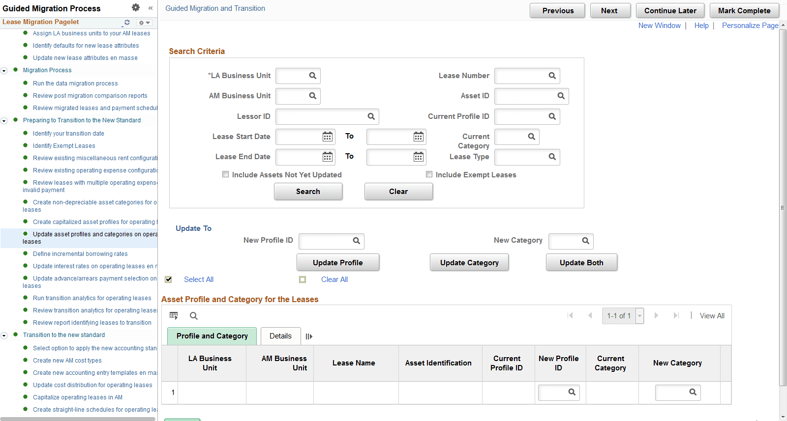 Update Asset Profiles and Categories on Operating Leases page