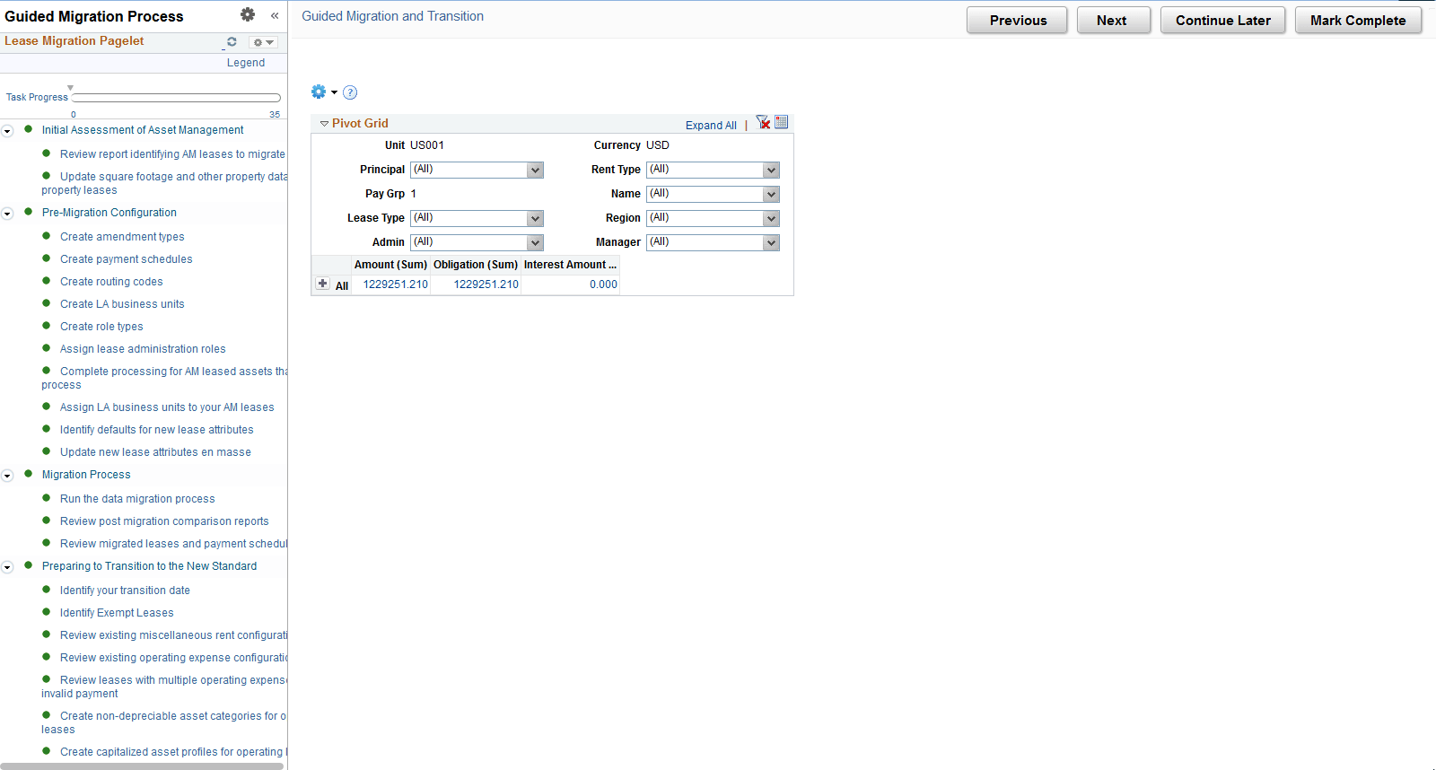 Review Transition Analytics for Operating Leases page