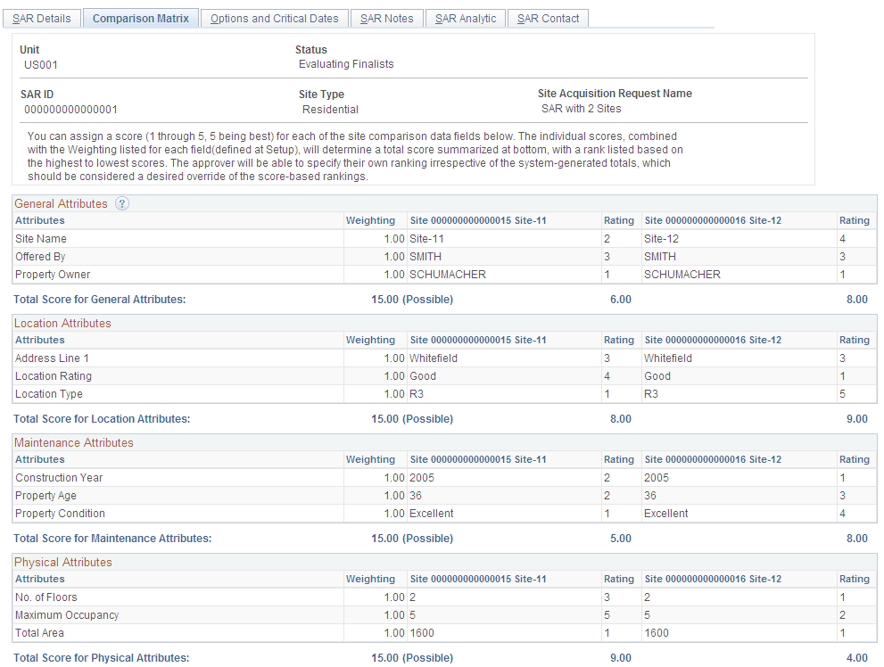 Comparison Matrix page (1 of 2)