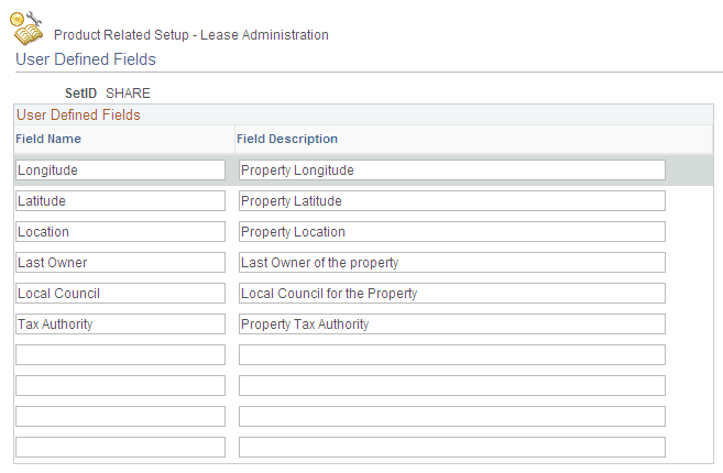 User Defined Fields page