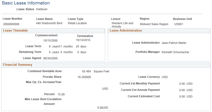 Basic Lease Information page