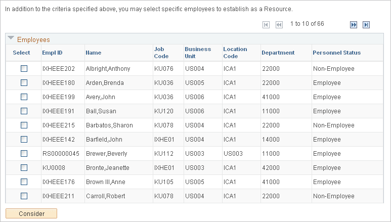 Employees collapsible grid on the Create Resources Program page