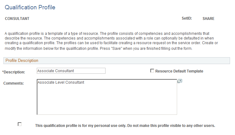 Profile Description group box on the Qualification Profile page