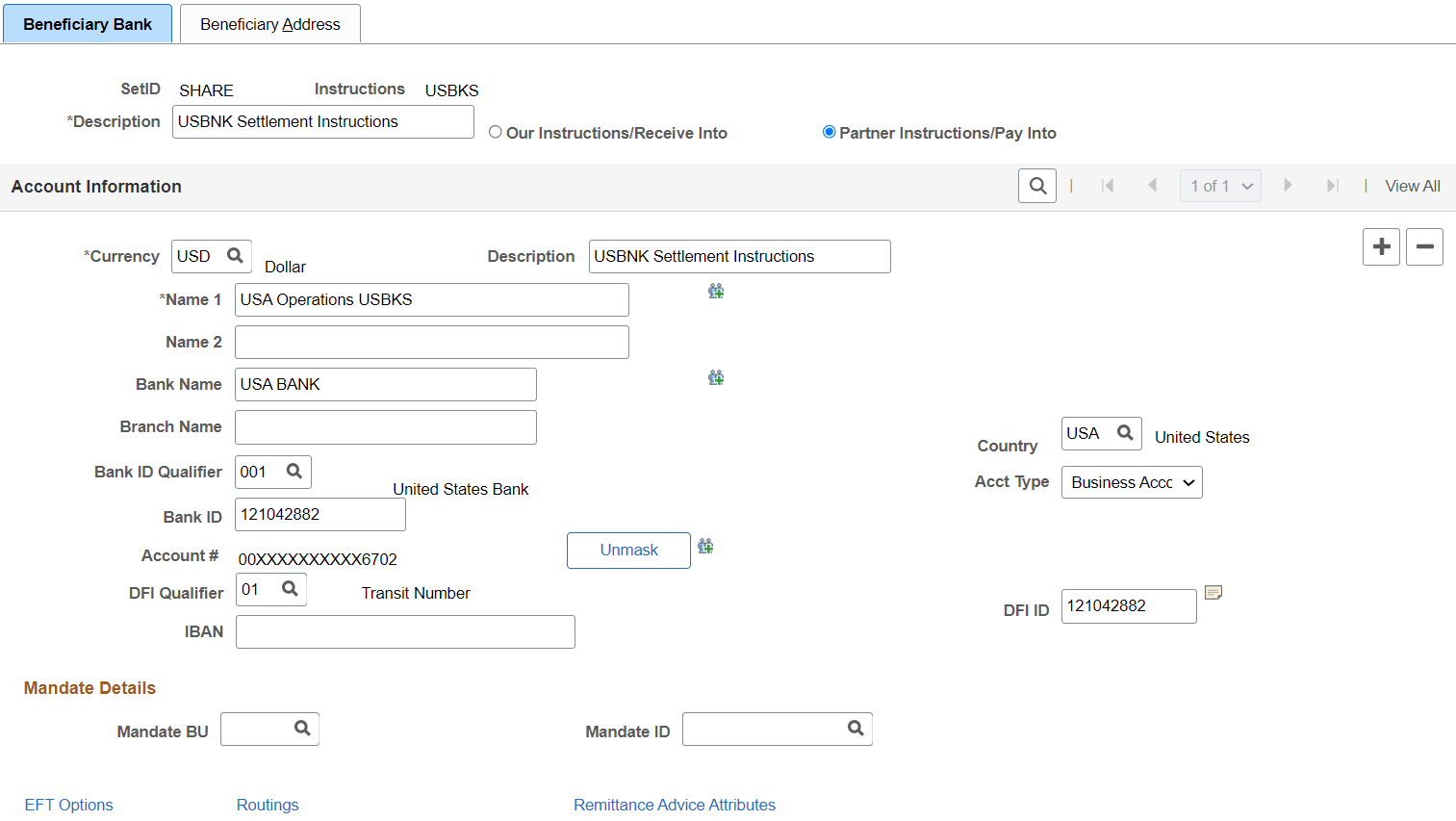 Beneficiary Bank Page