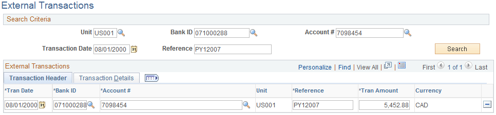 External Transactions page - Transaction Header tab