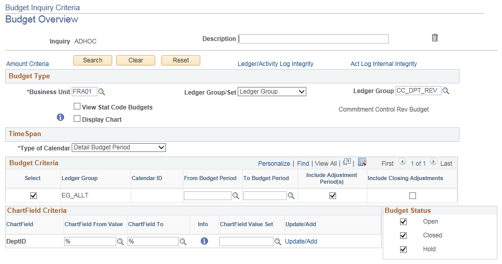 Budget Overview - Budget Inquiry Criteria page