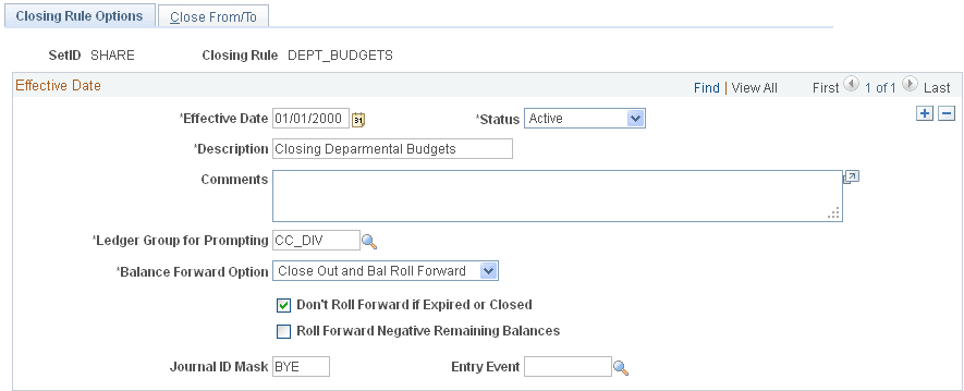 Closing Rule Options page