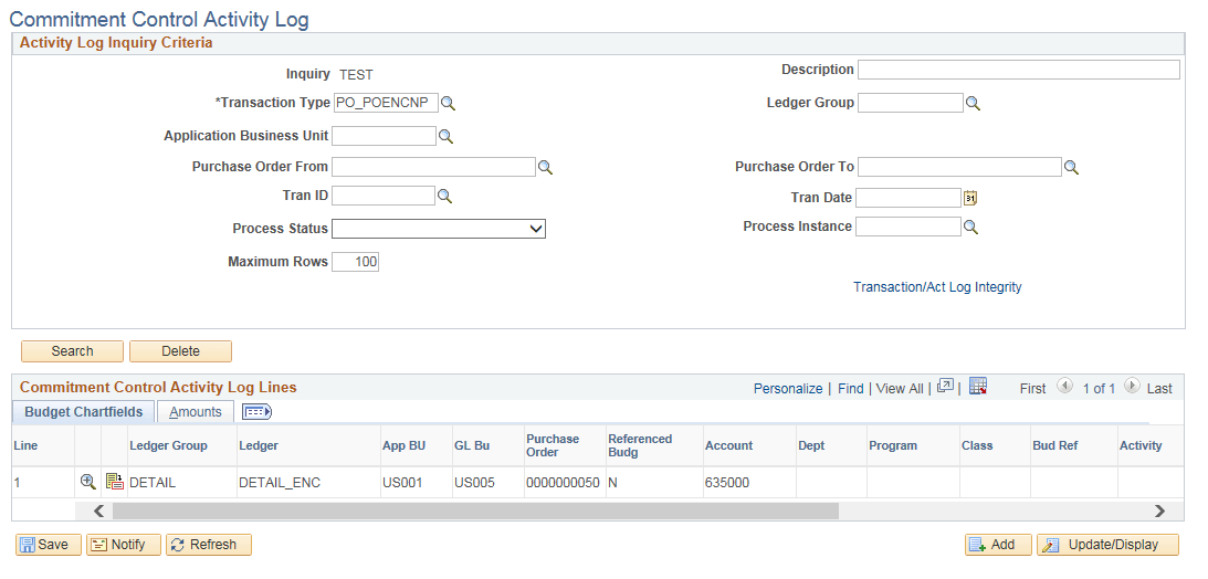 Commitment Control Activity Log page