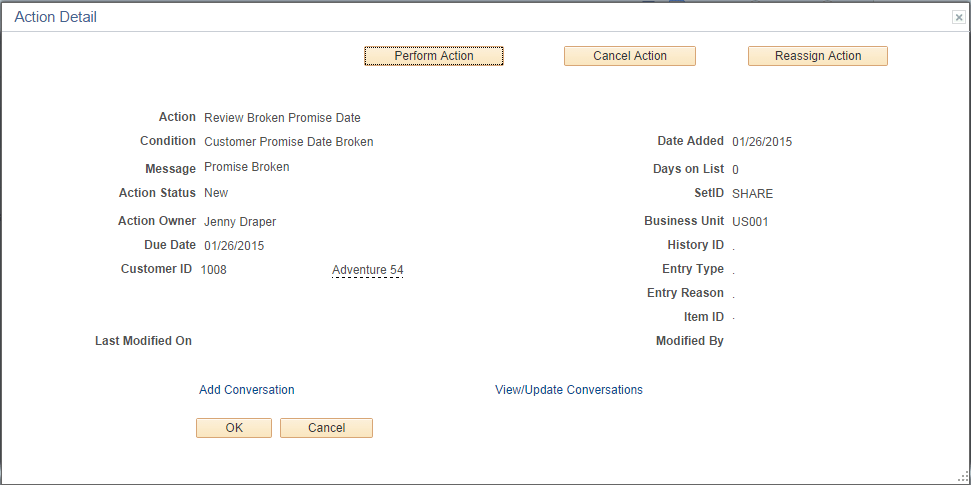 Action Detail page - Customer Promise Date Broken (CPDB) Condition