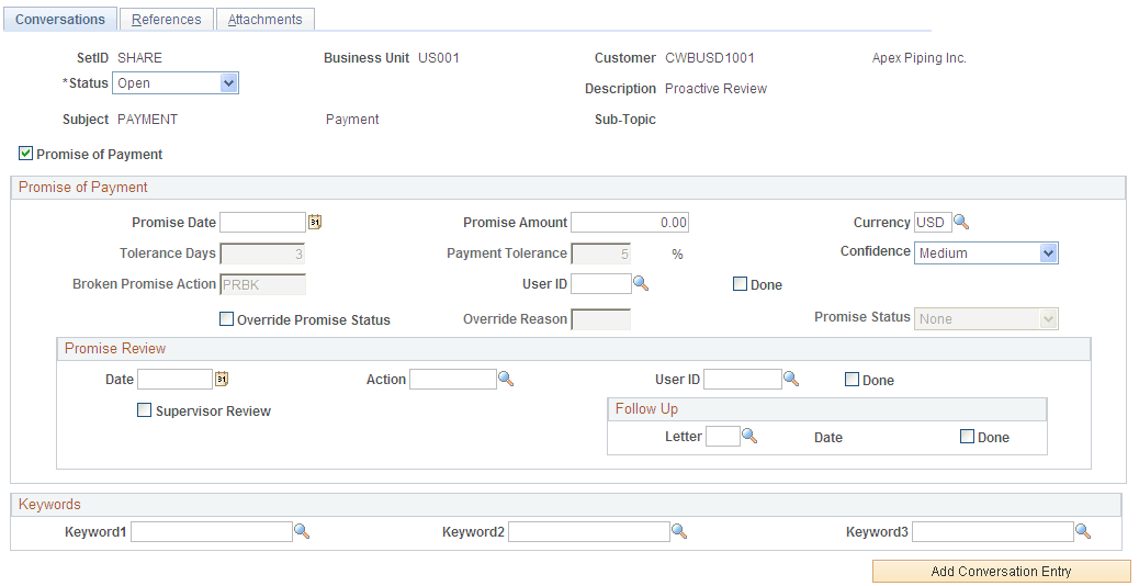 Promise of Payment selected - Conversations page (1 of 2)