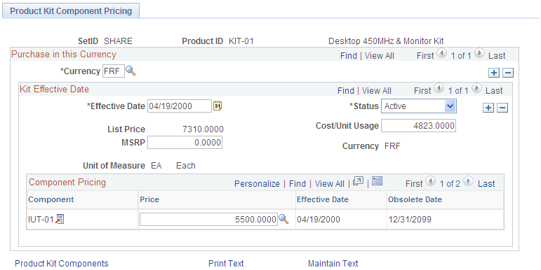 Product Kit Component Pricing page