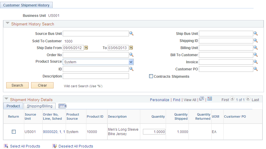 Customer Shipment History page