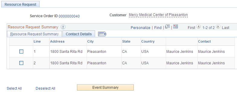 Resource Request page - Contact Details tab
