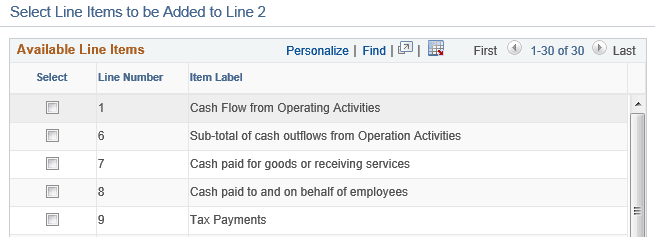 Select Line Items to be Added to Line 2 page