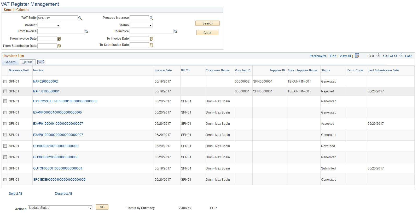VAT Register Management page
