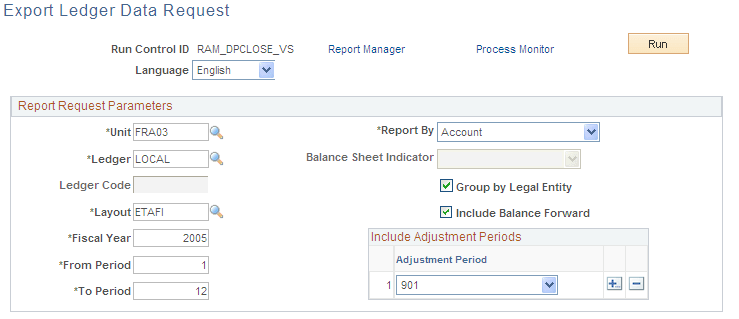 Export Ledger Data Request page