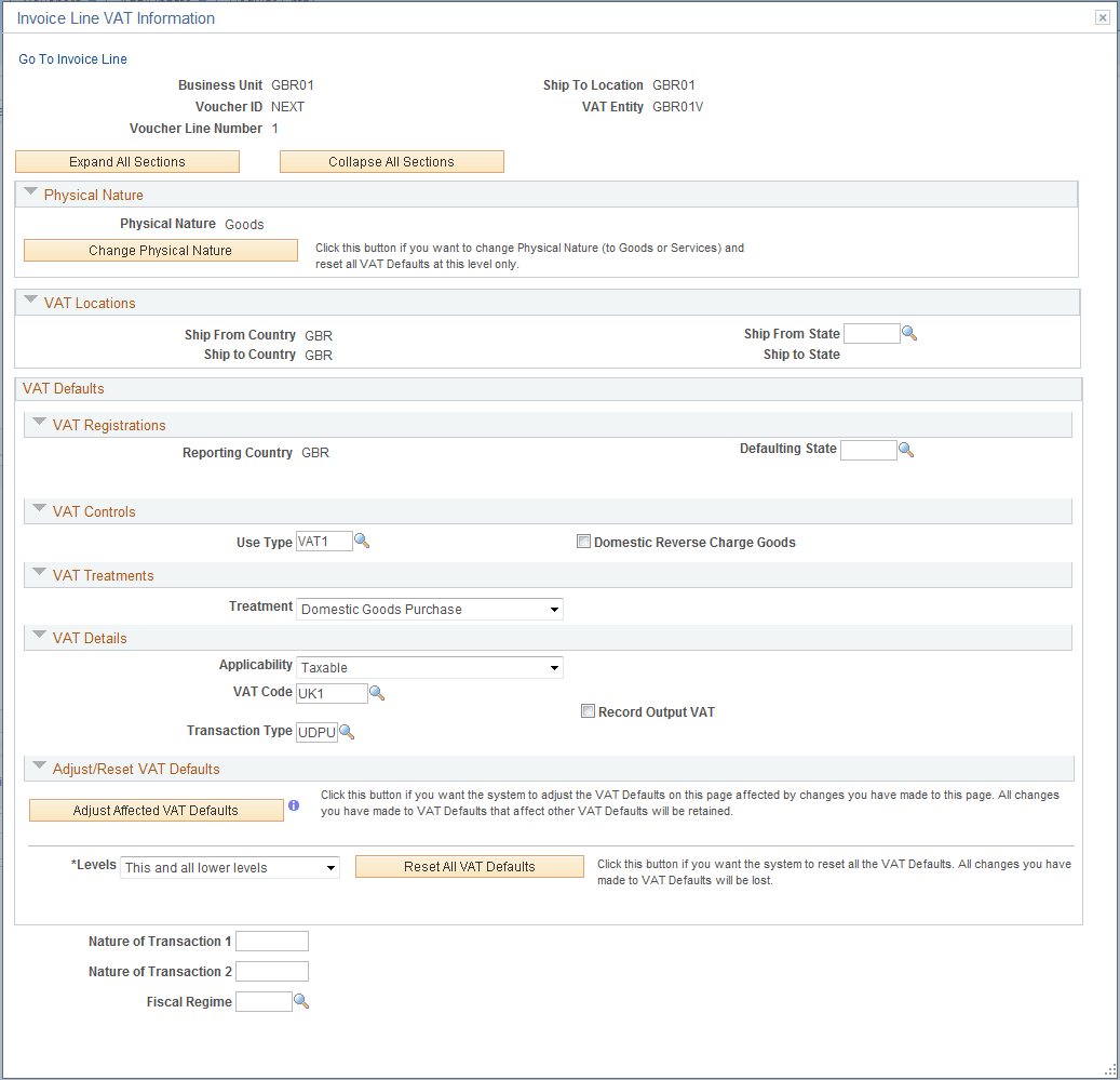 Invoice Line VAT Information page (2 of 2) showing all the sections expanded