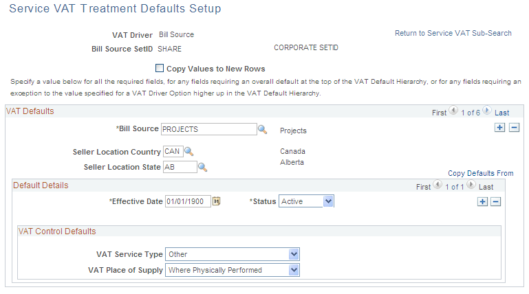 Service VAT Treatment Defaults Setup page showing the Bill Source driver