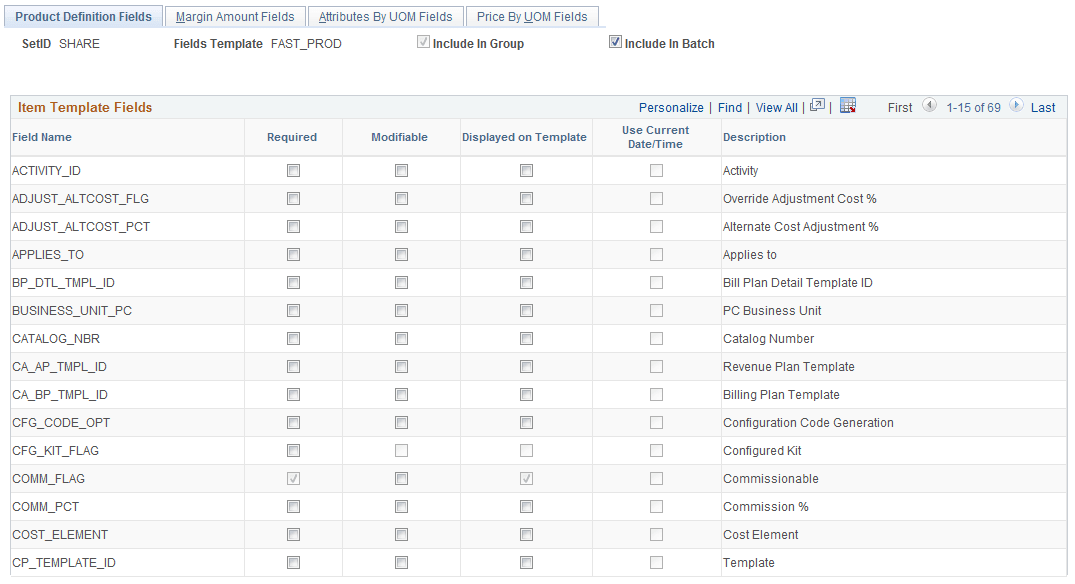 Product Definition Fields page