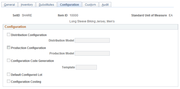 Define Item - Configuration page