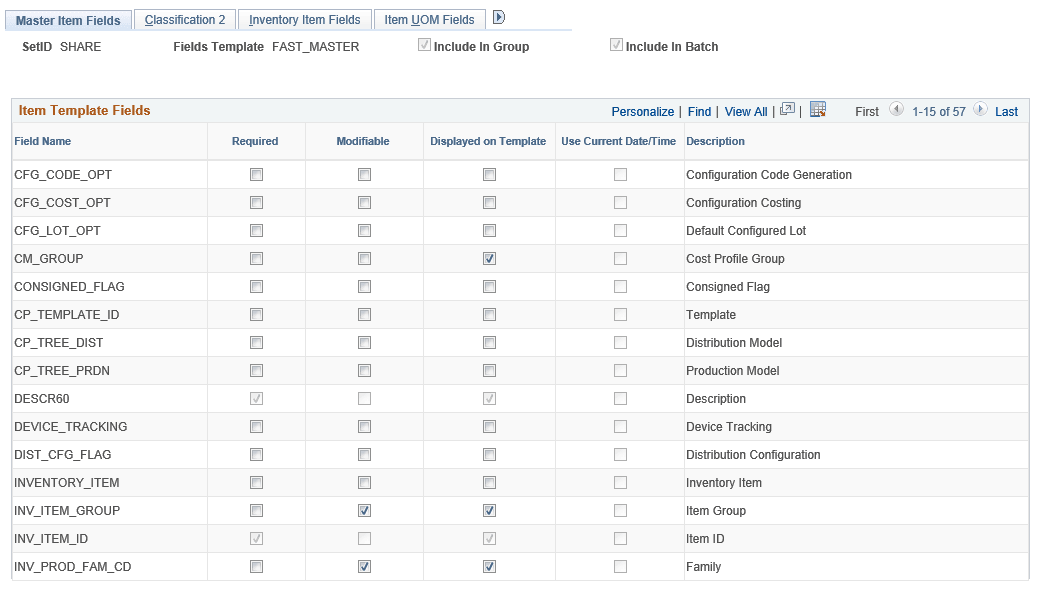 Master Item Fields page within the Master Item Field Group