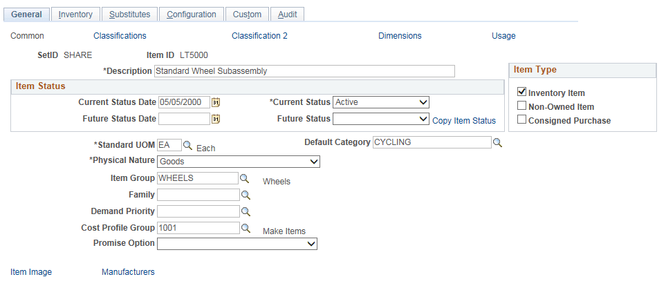 Define Item - General: Common page