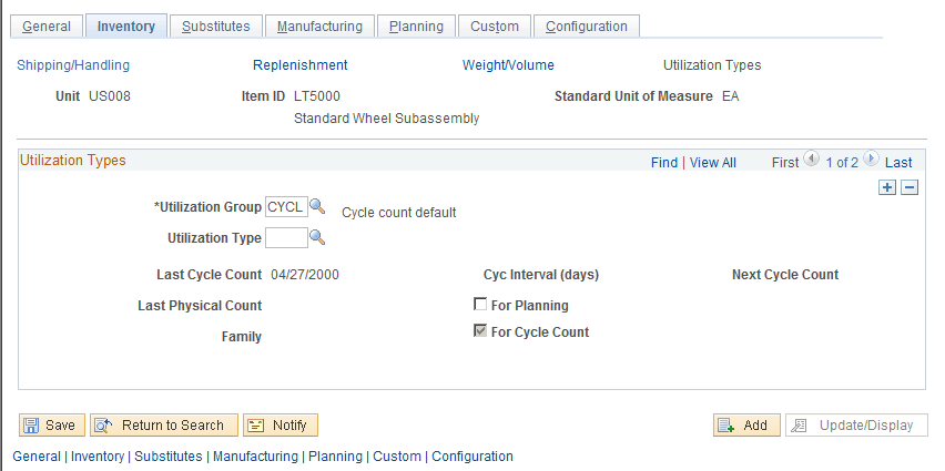 Define Business Unit Item - Inventory: Utilization Types page