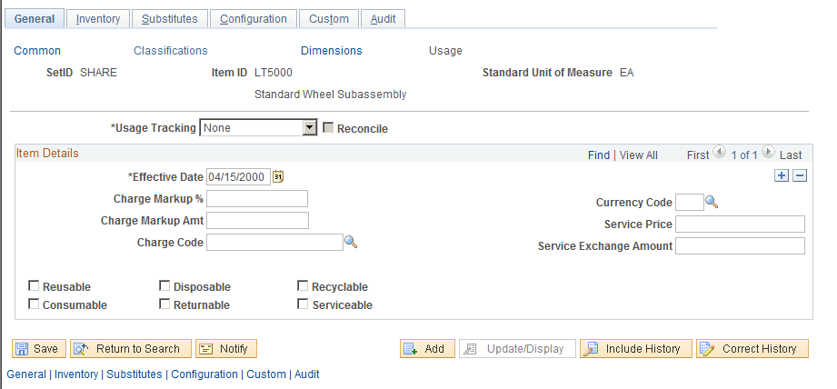 Define Item - General: Usage page