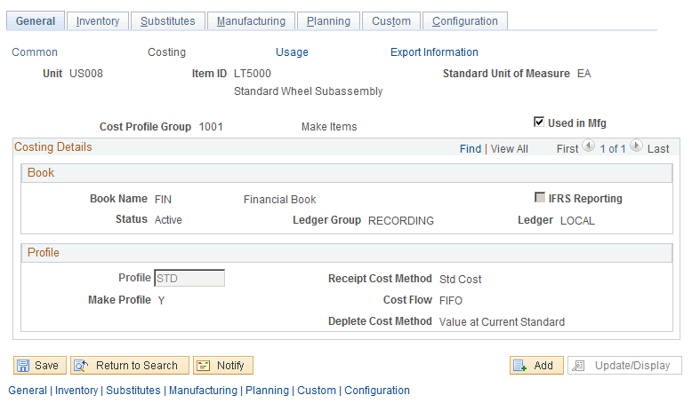 Define Business Unit Item - General: Costing page
