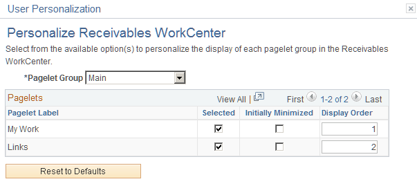 User Personalization - Personalize (Application) WorkCenter page