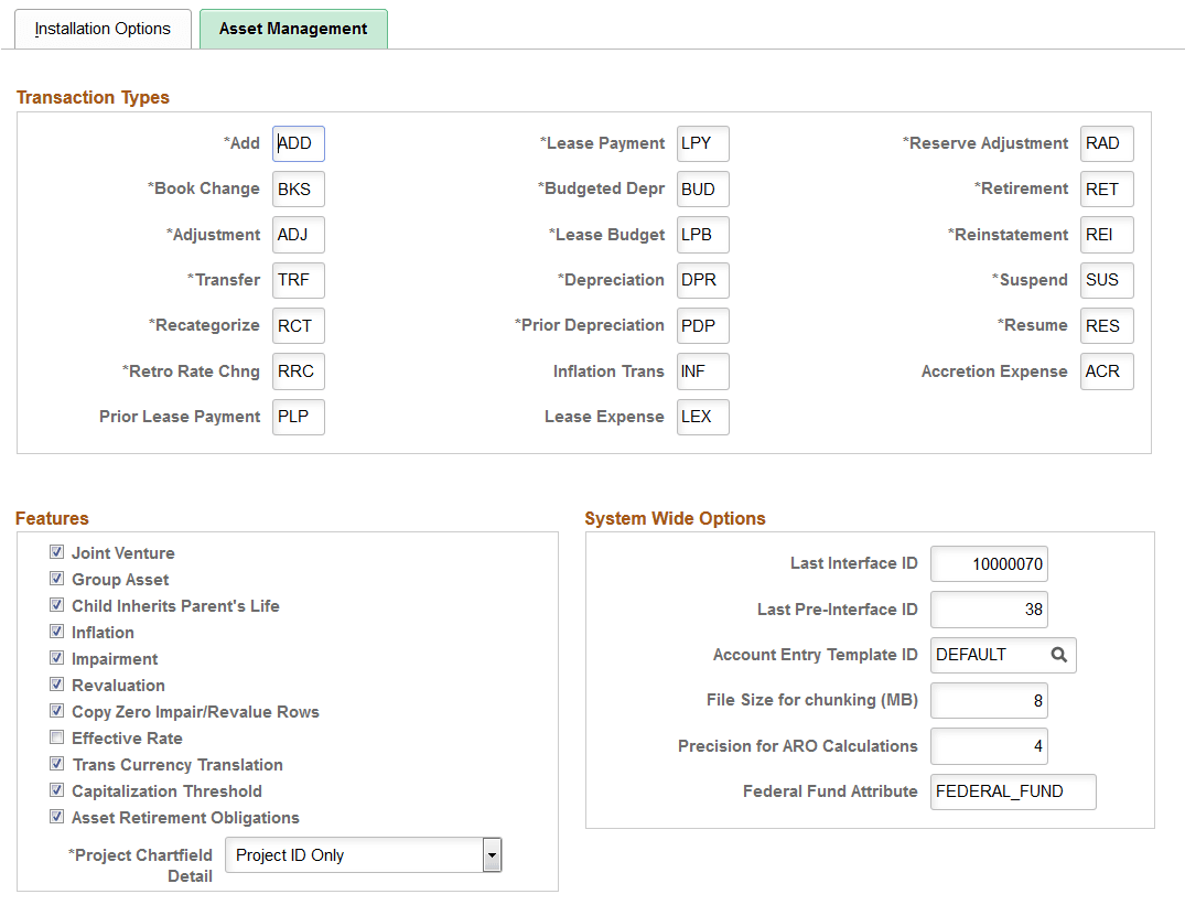 Installation Options - Asset Management page (1 of 2)