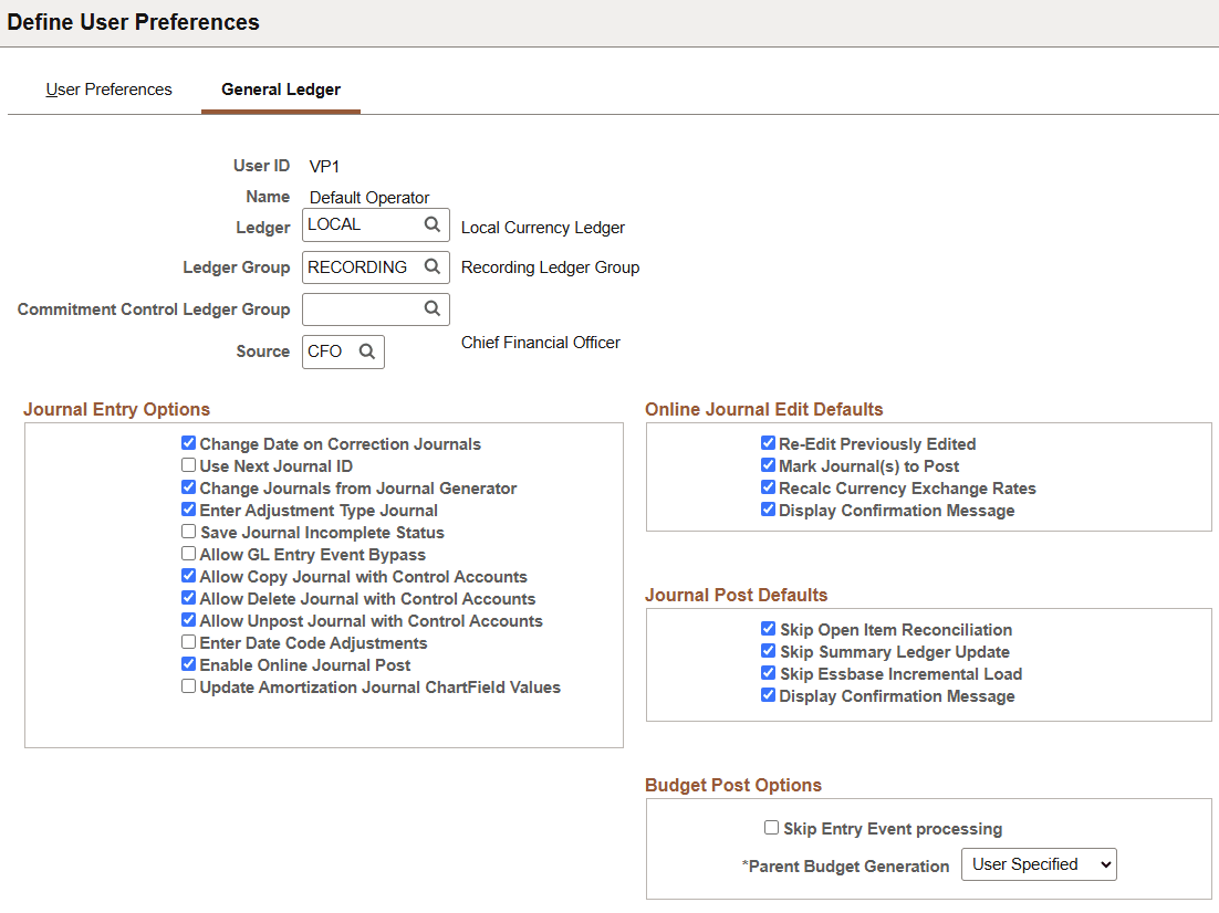 Define User Preferences - General Ledger