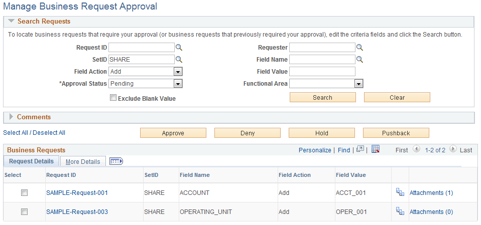 Manage Business Request Approval page