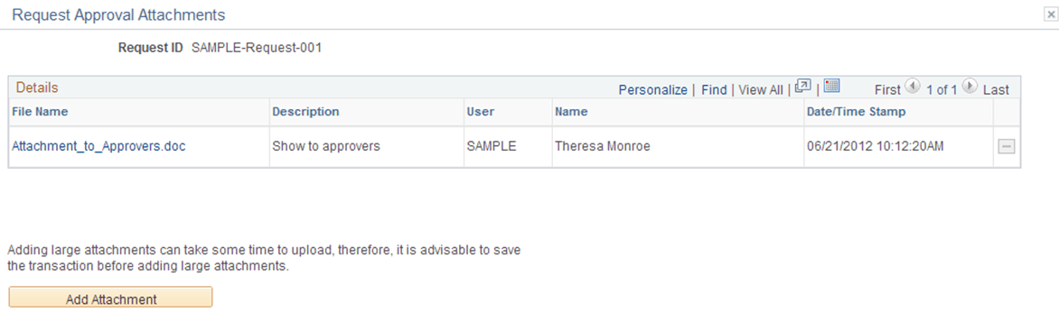 Business Request Approval Attachments page