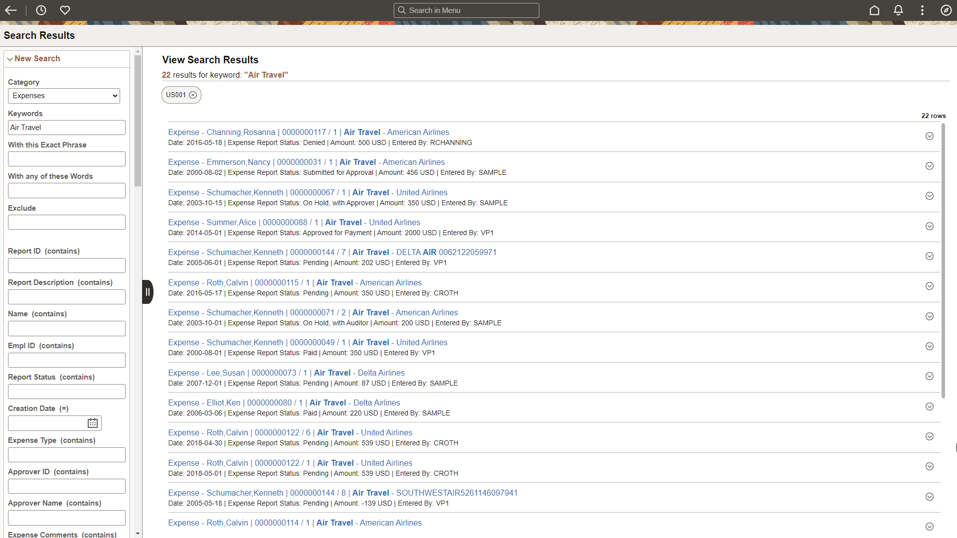 Global Search - Advanced Search - Expenses - Air Travel - US001
