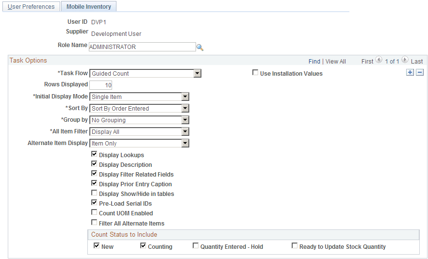 User Preferences - Mobile Inventory: Guided Count page