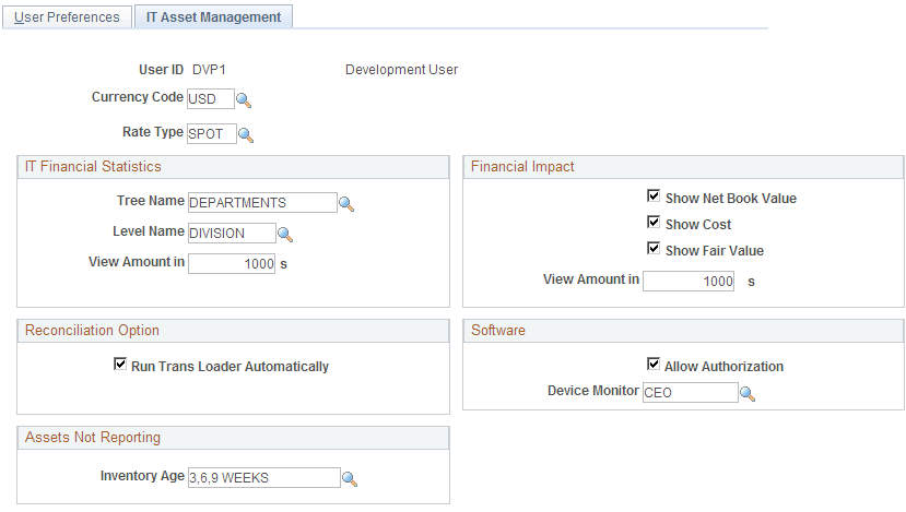 User Preferences - IT Asset Management page