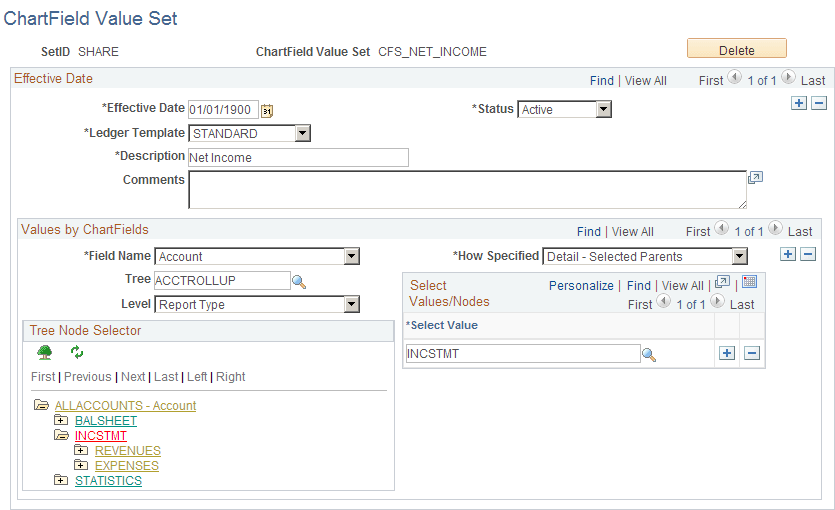 ChartField Value Set page