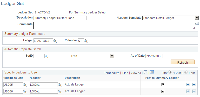 Ledger Set for Summary Ledgers - Ledger Set page