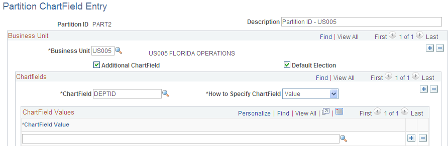 Partition ChartField Entry page, specifying ChartField as a value