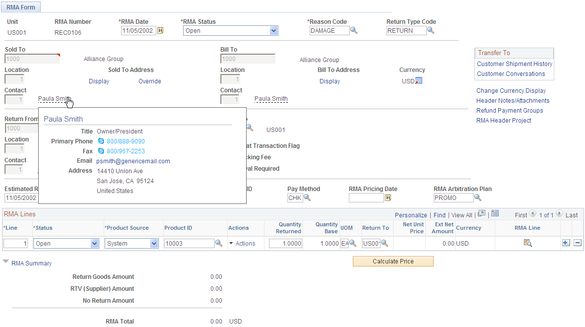 Example of Sold To Customer Contact popup page