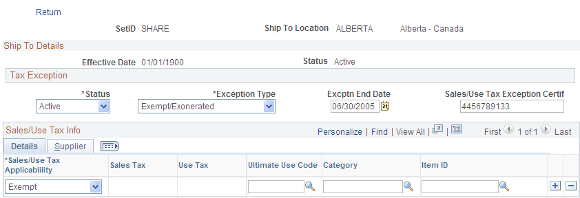 Ship To Locations - Sales/Use Tax Info page
