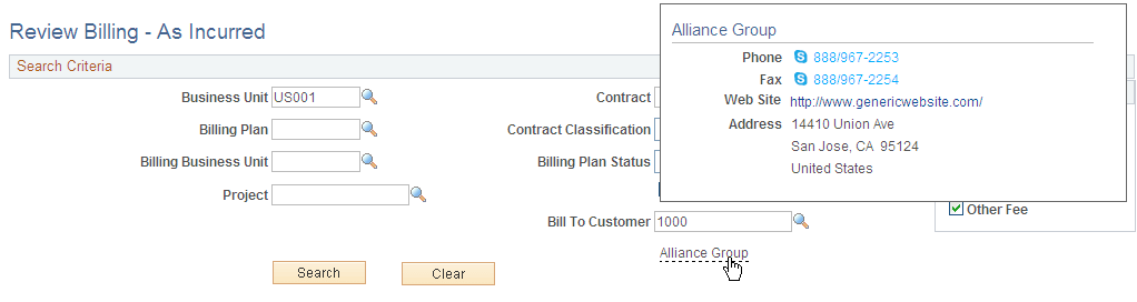 Example of Bill To Customer popup page