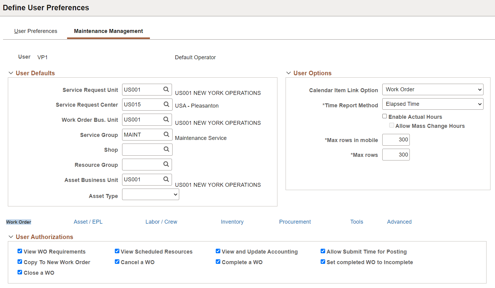 User Preferences - Maintenance Management page