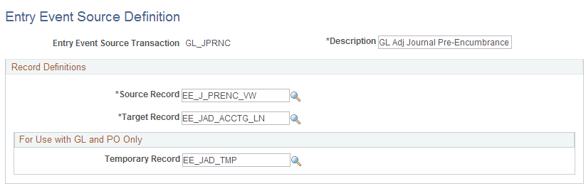 Source - Entry Event Source Definition page
