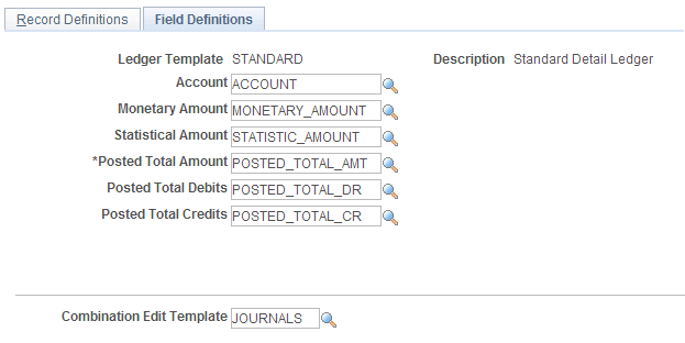 Ledger Template - Field Definitions page