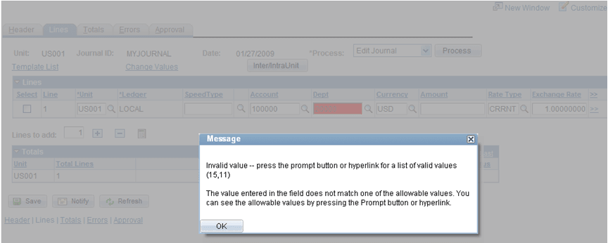 ChartField security prompt error message