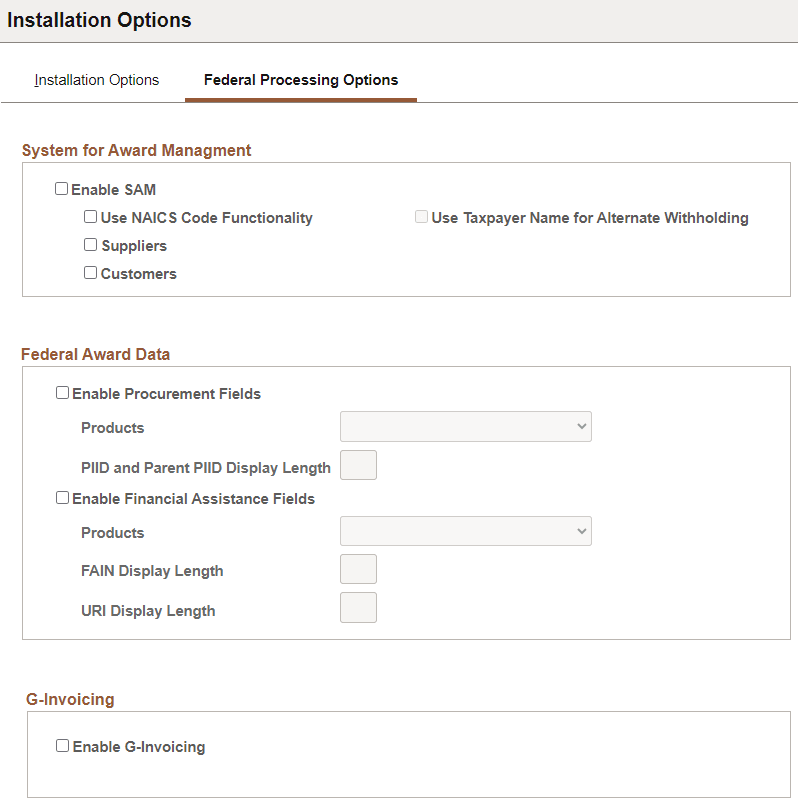 Federal Processing Options page