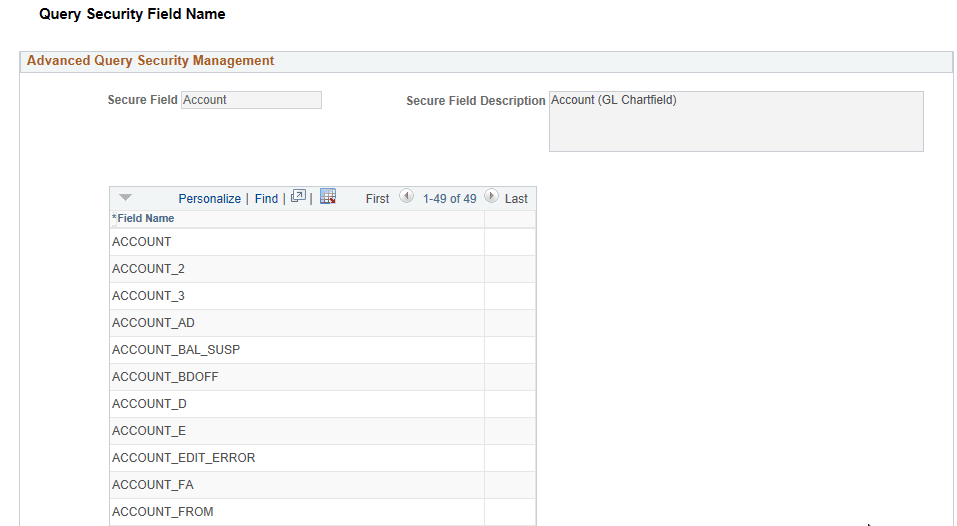 Query Security Field Name page